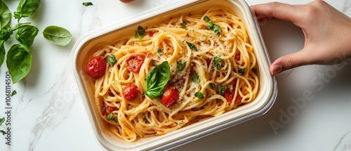 Panel kuchenny z motywem A hand reaches for a container of pasta with tomatoes, basil, and cheese.