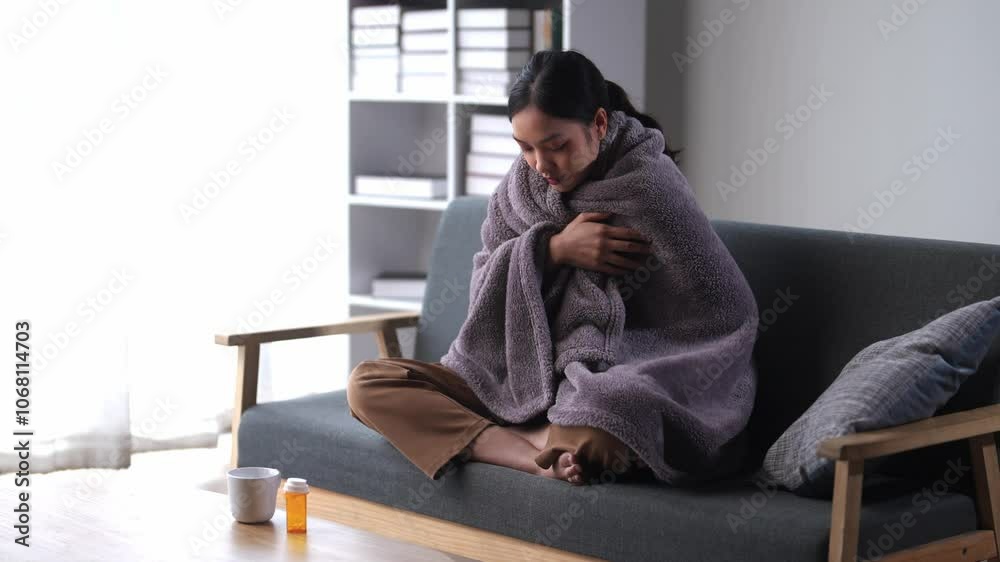 Young woman shivering on couch with blanket Young woman shivering on couch with blanket