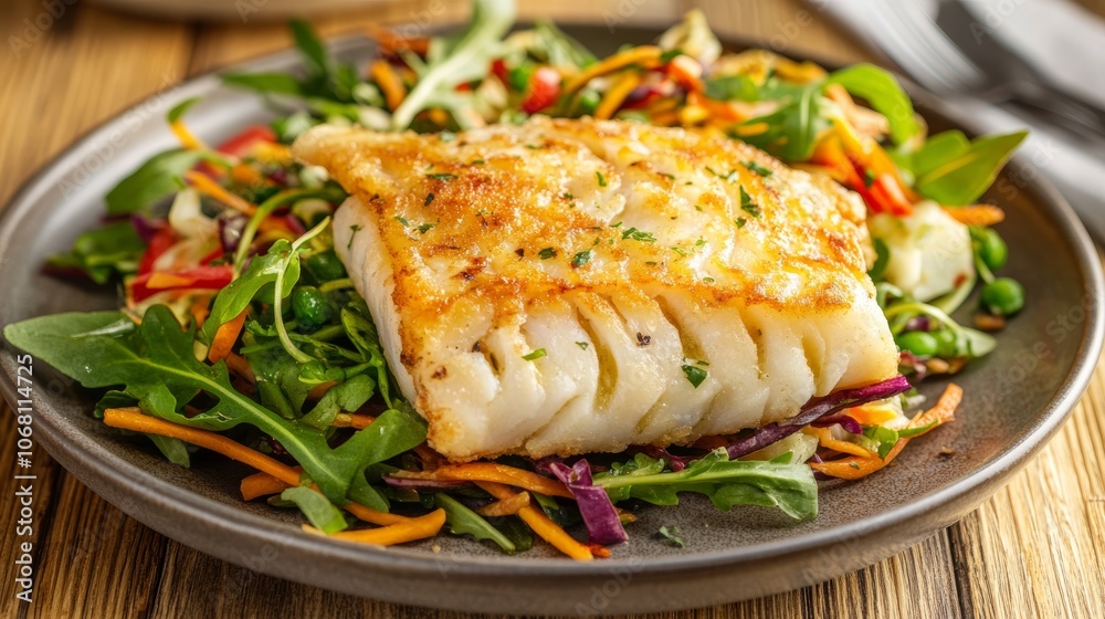 Fish dish - fried cod fillet with fresh vegetable salad on wooden table Fish dish - fried cod fillet with fresh vegetable salad on wooden table