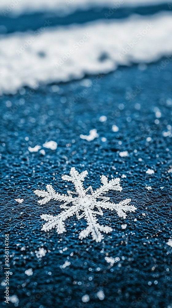 Obraz premium A close-up of a snowflake on a blue surface, highlighting winter's beauty.