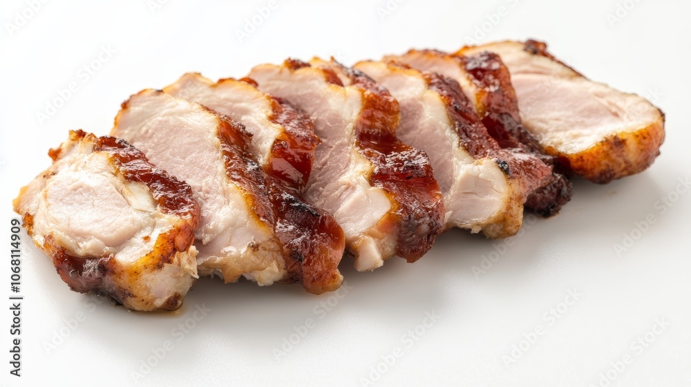 Slices of cold roasted chicken ham on white background Slices of cold roasted chicken ham on white background