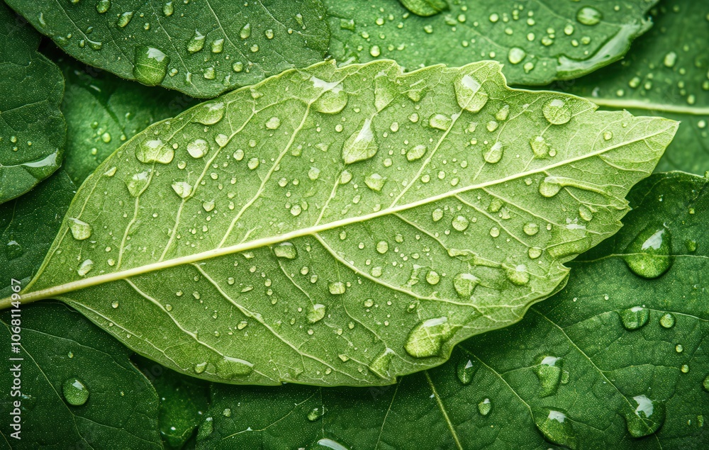 Close-up macro shot of water droplets on green leaves.