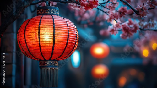 A red lantern hangs in an Asian street setting, providing a traditional festive design for Chinese New Year or lantern festival banners.