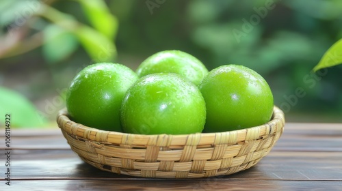 Fresh Green plum or Flavor Grenade Pluot closeup Green plum in Bamboo basket on wooden table in garden