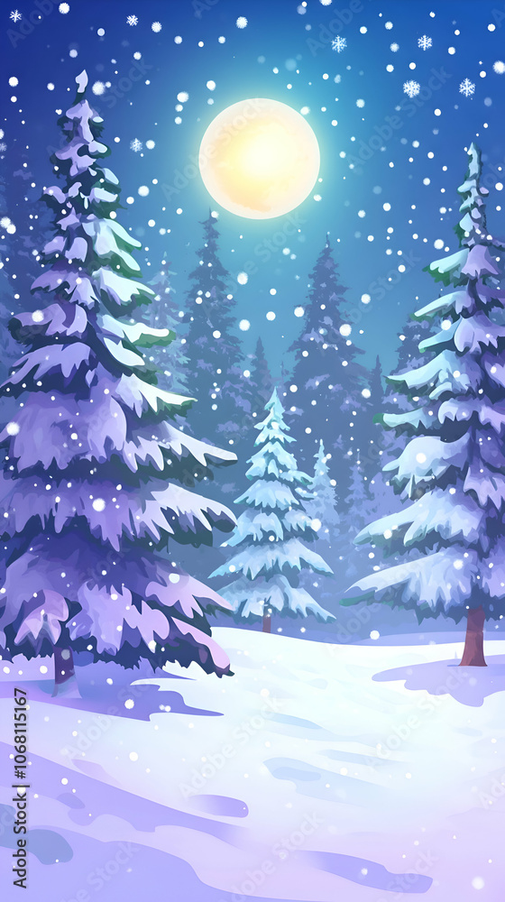 A snowy forest at night with a full moon shining above. A snowy forest at night with a full moon shining above.
