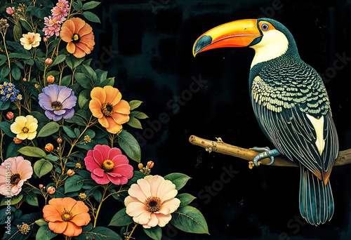 Vibrant Toucan Bird Illustration with Flowers photo