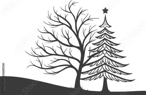 Black and White Tree Silhouette Vector – Christmas and Winter Tree Design.
