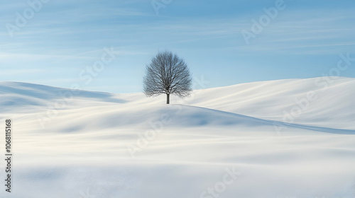 A solitary tree stands tall against a backdrop of snow-covered hills under a clear blue sky.