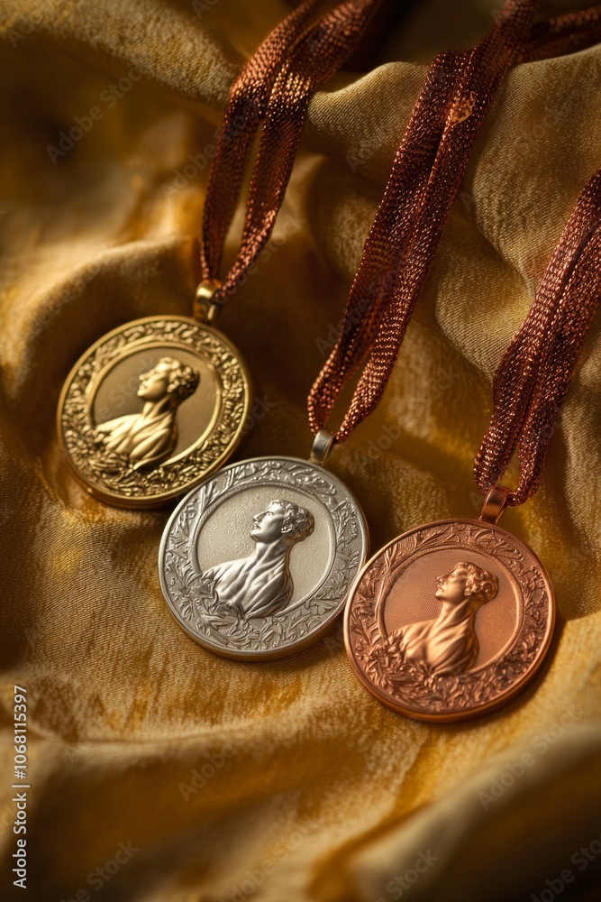A set of three round medals, one gold medal, a second silver medal, and a third bronze medal on a elegant gold color scheme and soft lighting A set of three round medals, one gold medal, a second silver medal, and a third bronze medal on a elegant gold color scheme and soft lighting