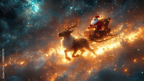 A reindeer pulling Santa’s sleigh through the night sky symbolizes holiday cheer, making it perfect for Christmas-themed banners and greeting cards.