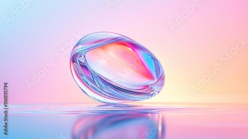 Colorful abstract glass orb with reflective surface on gradient background.