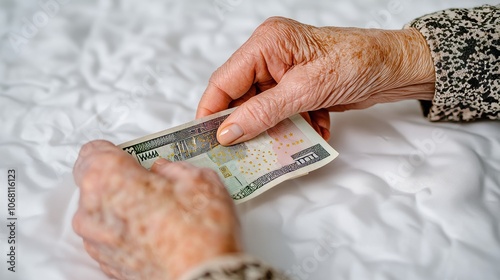 Elderly woman hands holding euro banknote money isolated on white background photo