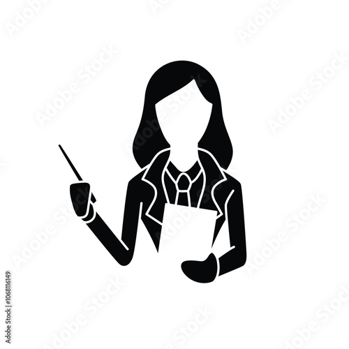 A modern, minimalist icon depicting a professional woman leading a team in a business meeting. The icon features clean lines and simple shapes, representing a confident female leader