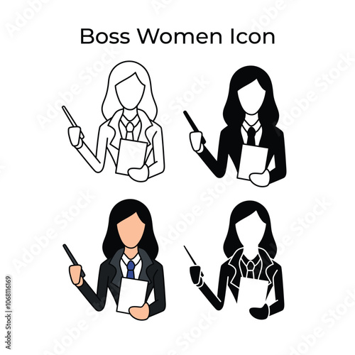A modern, minimalist icon depicting a professional woman leading a team in a business meeting. The icon features clean lines and simple shapes, representing a confident female leader