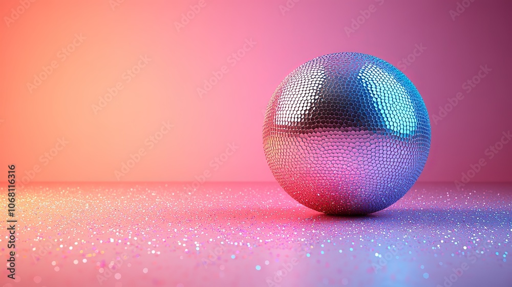A retro rainbow disco ball on a pastel background, symbolizing music and dance from the 80s and 90s, perfect for themed parties and celebrations.