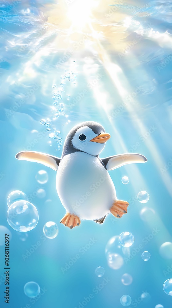 Obraz premium An underwater shot of a penguin diving gracefully, surrounded by bubbles as it swims through clear, icy blue water. Sunlight streams down from above, illuminating the penguin’s streamlined body and sl