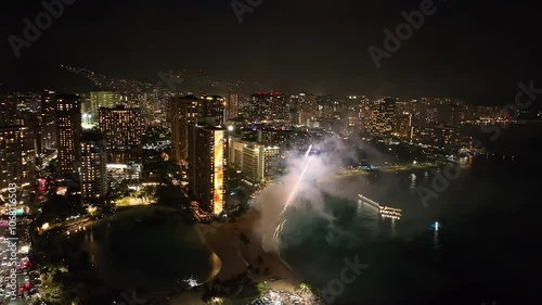 Ala Moana fireworks filmed with a drone with the Honolulu city in the background photo