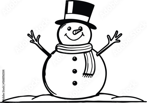 vector illustration of a cartoon snowman with top hat and scarf.