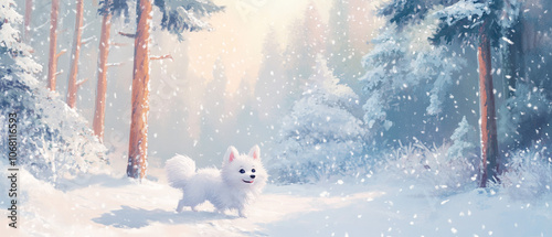 American Eskimo Dog Playing In A Snowy Park Depicted