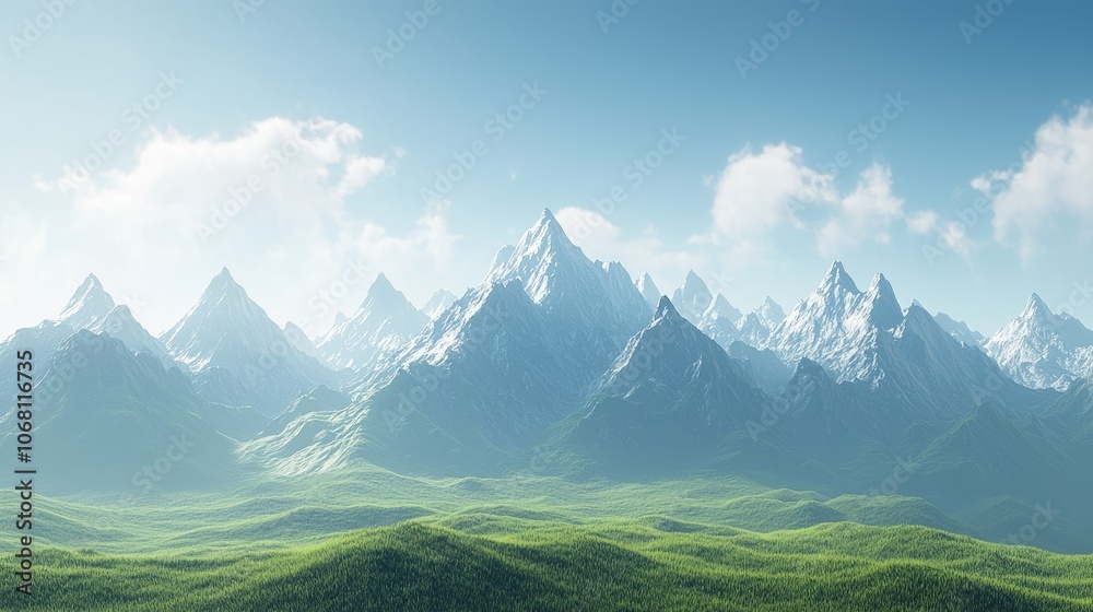 Fototapeta premium Majestic mountain landscape with lush greenery and clear blue skies.