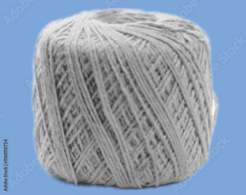 close up of wool yarn ball pixelate grayscale color halftone dotted texture style collage element isolated on blue background