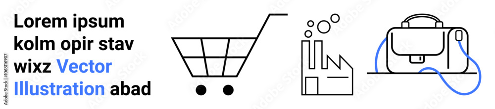 Shopping cart, factory with bubbles, briefcase with strap. Ideal for ecommerce, manufacturing, logistics, productivity apps, business presentations, marketing visuals, workflow Landing page Shopping cart, factory with bubbles, briefcase with strap. Ideal for ecommerce, manufacturing, logistics, productivity apps, business presentations, marketing visuals, workflow Landing page