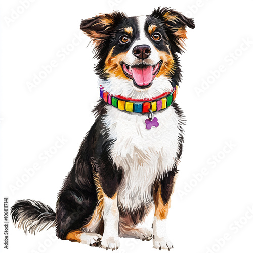 Australian Shepherd Playing With A Colorful Collar photo