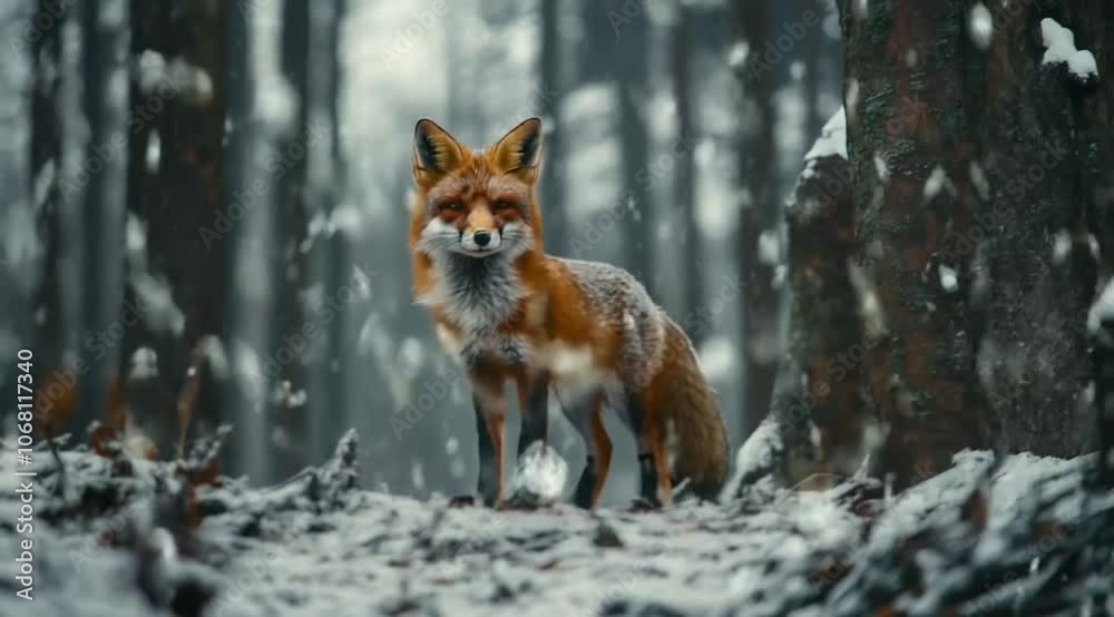 Scene of a fox standing while snow falls, Camera slow motion with different angles Scene of a fox standing while snow falls, Camera slow motion with different angles