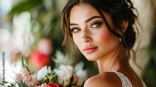 A beautiful bride is impatiently waiting for her groom photo