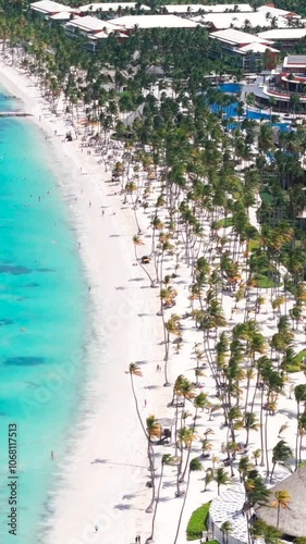 Vertical aerial flight above white sand beach with many all inclusive hotels in Punta Cana. Turquoise water, tall palm trees and straw umbrellas on the coast. Best place for summer vacations