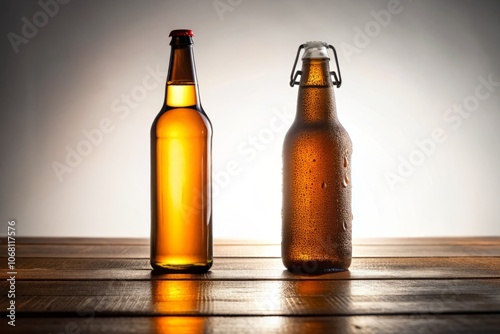 Silhouette of an Open Beer Glass Bottle with Lid on a Table Isolated on a White Background, Perfect for Showcasing Cold Amber Ale at a German Beer Festival or Tavern photo