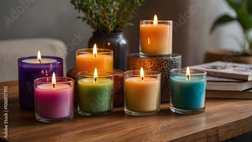 A collection of colorful candles on a wooden table, creating ambiance.