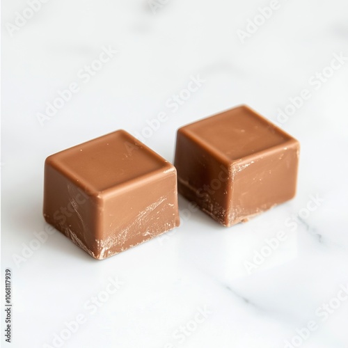 A photo of 2-3 separate single cubes from a milk chocolate bar isolated on a white background, generative ai