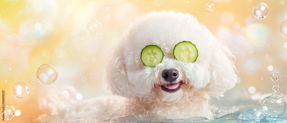 Fototapeta premium Bichon Frise Dog Relaxing In A Dog Spa With Cucumbers - Pampered Pooch Paradise