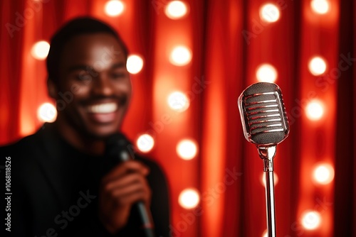 Smiling man performing at mic on stage with red lights photo