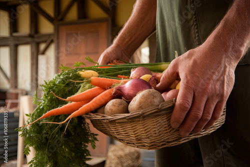 Farmer carrying a basket of freshly harvested vegetables photo