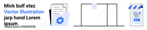 Document stack with blue gear, simplistic bar graph, BUY button on shopping icon. Ideal for business reports, analytics, online stores, tech interfaces, corporate presentations, data visualization