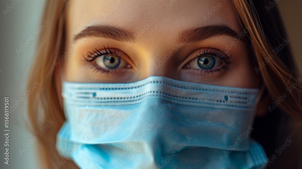 Close-up portrait of a young woman wearing a blue face mask, highlighting her striking blue eyes and natural beauty in a soft indoor setting Close-up portrait of a young woman wearing a blue face mask, highlighting her striking blue eyes and natural beauty in a soft indoor setting