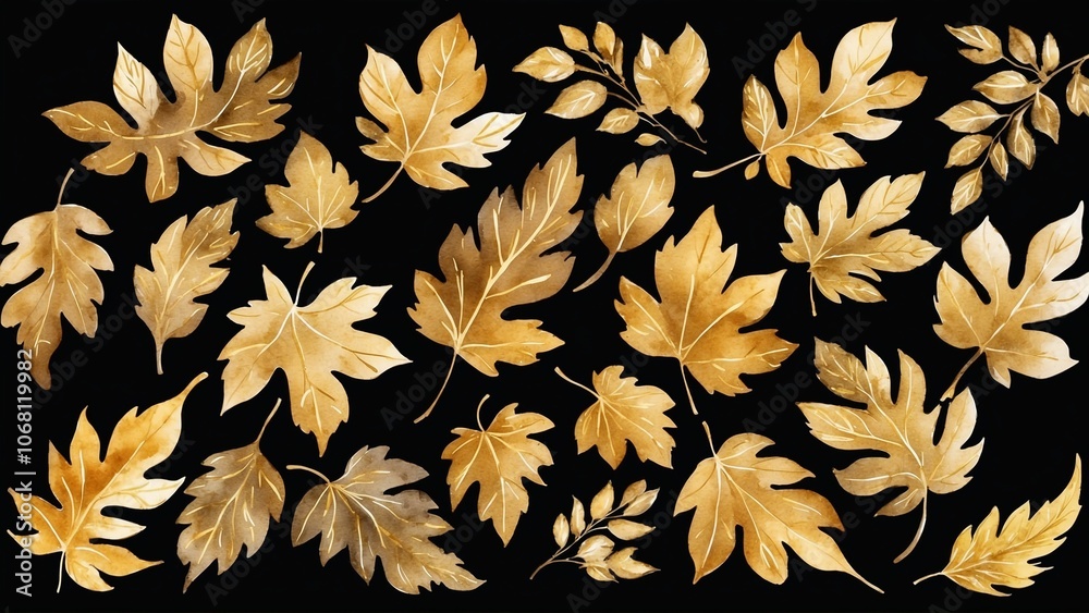 Elegant golden leaves on black background creating a luxurious botanical pattern design Elegant golden leaves on black background creating a luxurious botanical pattern design