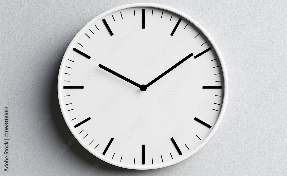 Minimalist round wall clock with a simple, white face and black hands against a light background. Minimalist round wall clock with a simple, white face and black hands against a light background.