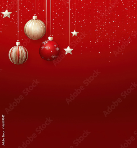 Christmas background with hanging ornaments, stars, and festive red backdrop. Perfect for holiday celebrations and seasonal decorations