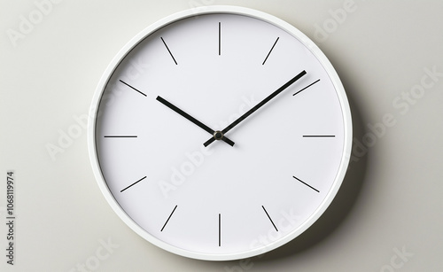 Minimalist round wall clock with a simple, white face and black hands against a light background.