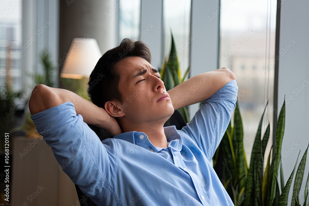 An employee taking a short break, leaning back in their chair with an exhausted expression An employee taking a short break, leaning back in their chair with an exhausted expression