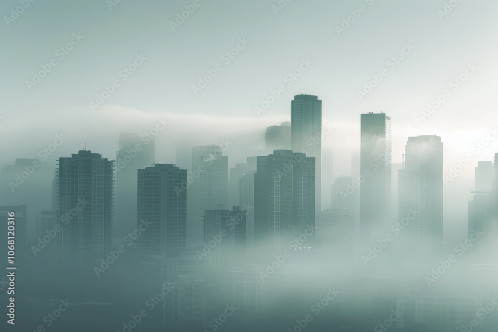 Foggy cityscape featuring tall skyscrapers creating a dramatic urban landscape shrouded in mist and mystery.