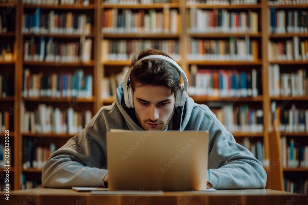 Handsome student focused on writing an essay using a laptop while seated in a quiet library surrounded by books Handsome student focused on writing an essay using a laptop while seated in a quiet library surrounded by books