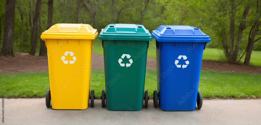 Colorful recycle bins promote environmental responsibility. Colorful recycle bins promote environmental responsibility.