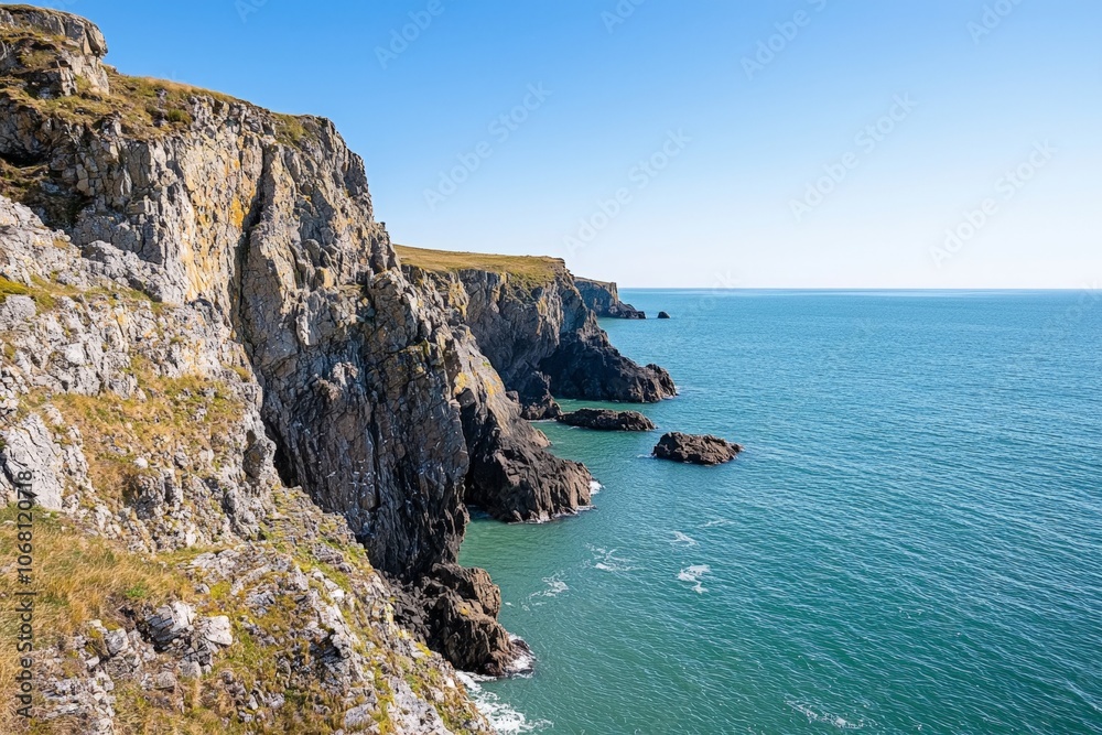 Dramatic Coastal Cliffs and Azure Sea with Clear Blue Sky - Stunning Landscape in Wales Dramatic Coastal Cliffs and Azure Sea with Clear Blue Sky - Stunning Landscape in Wales