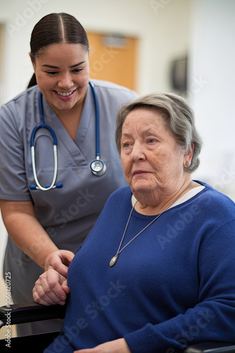 Plus-size nurse assisting a patient in a wheelchair with a kind smile photo