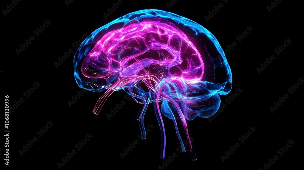 bioluminescent cranial anatomy render, neon pink brain tissue, electric blue body outline, intricate nerve pathways, professional medical illustration style, crystalline transparency bioluminescent cranial anatomy render, neon pink brain tissue, electric blue body outline, intricate nerve pathways, professional medical illustration style, crystalline transparency