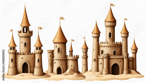 Majestic sandcastle kingdom on a pristine beach white background